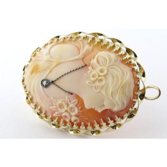 Vintage Gibson Girl Cameo with Diamond Necklace 14K Yellow Gold Pin Pendant #396 - Picture 2 of 8